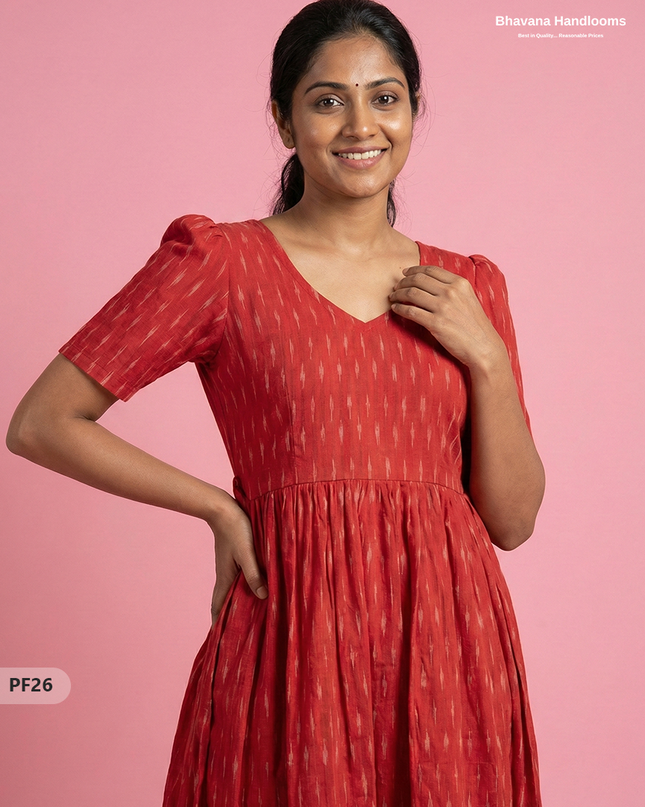 Handcrafted Pochampally Red Cotton Frock with Knot Detailing – Ethnic Wear for Women