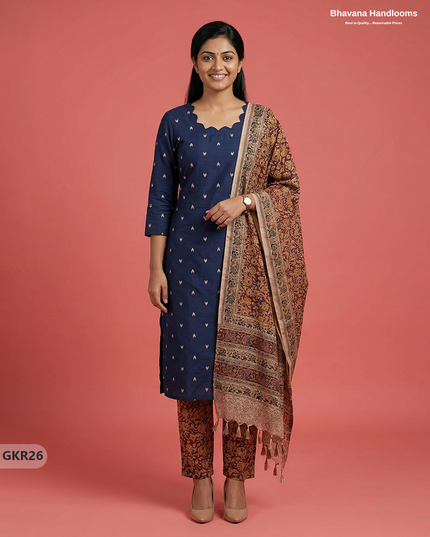 Raw Silk 3PC Kurti Set with Kalamkari Dupatta & Elastic Bottom in Navy Blue Colour | Ethnic Wear