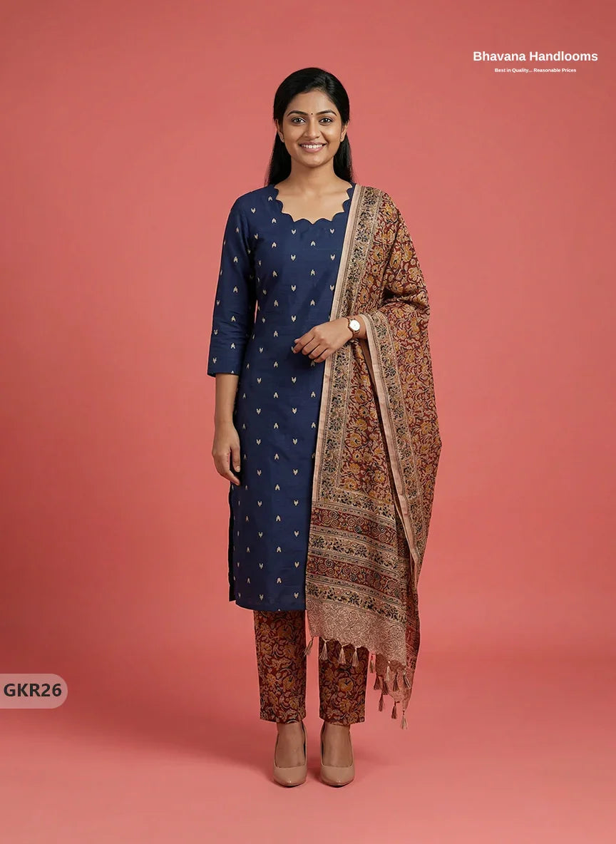 Raw Silk 3PC Kurti Set with Kalamkari Dupatta & Elastic Bottom in Navy Blue Colour | Ethnic Wear