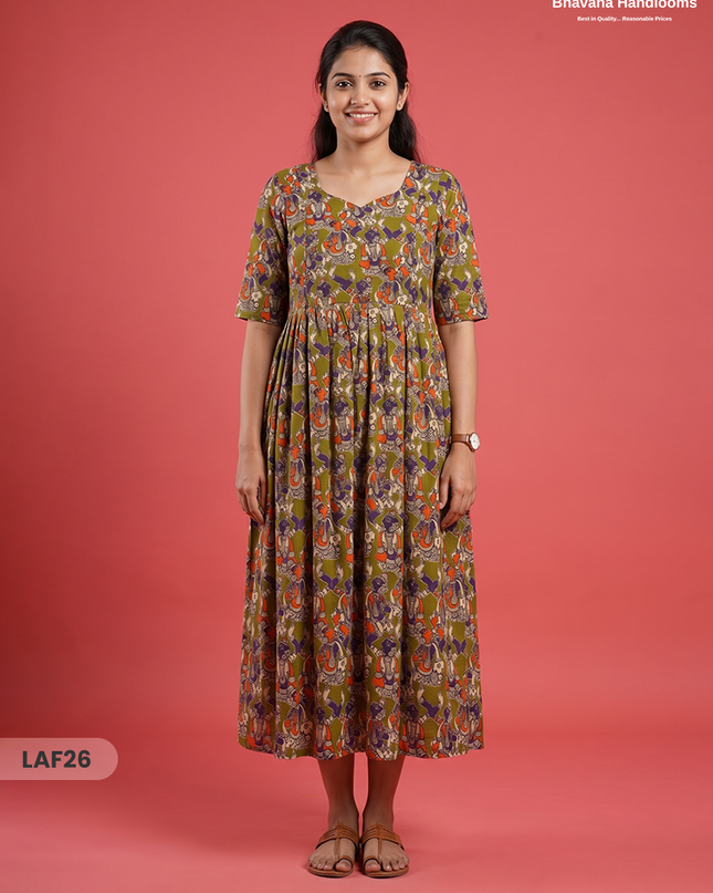 Feeding Frock with Kalamkari Design –  Pesara Green Color | Invisible Zips | Half Lining Maternity Wear