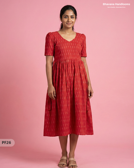 Handcrafted Pochampally Red Cotton Frock with Knot Detailing – Ethnic Wear for Women