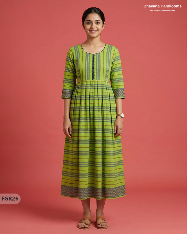 Summer Special Premium Cotton Handloom Frock with Woven Design | Green Colour
