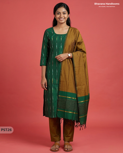 Pochampally Semi Pattu 3PC Kurti Set in Green Colour | Ready-to-Wear Ethnic Wear