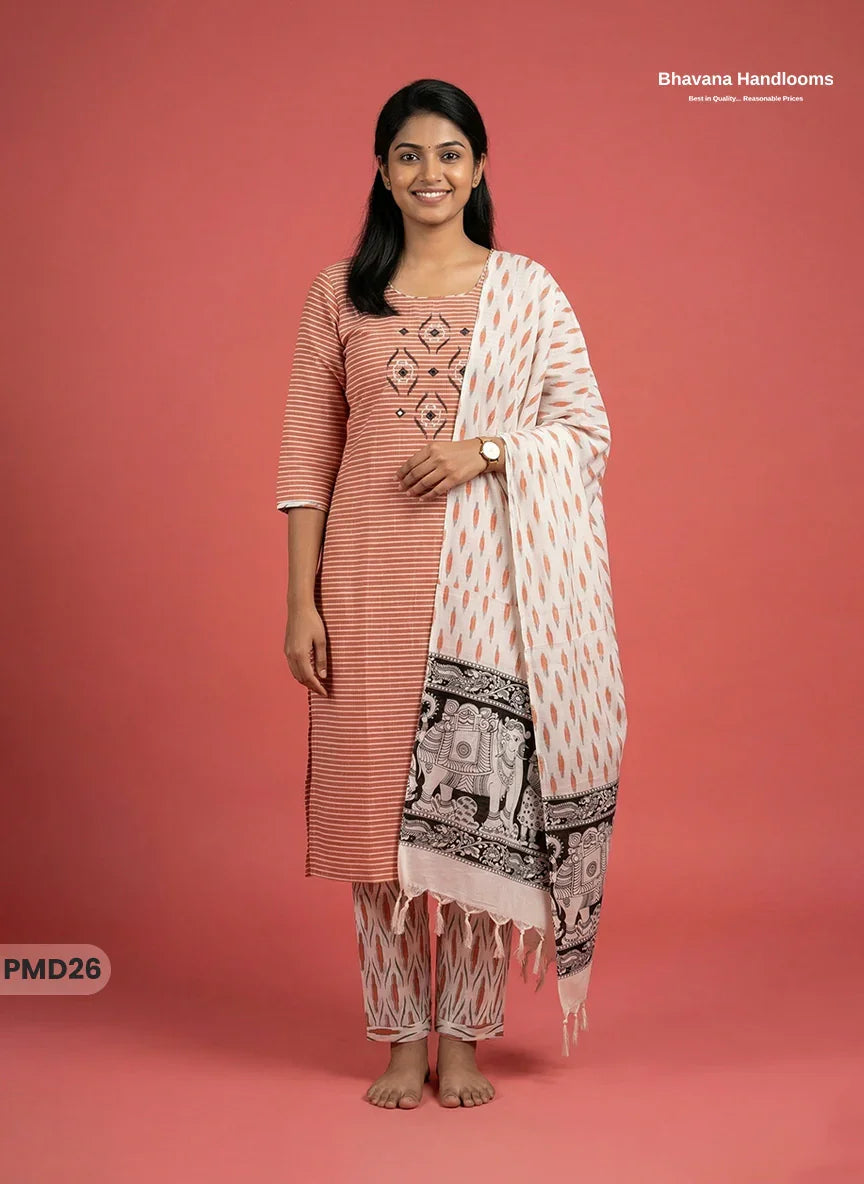 Premium Cotton 3PC Kurti Set with Embroidery & Mirror Work in Orange Colour | Ready-to-Wear Ethnic Wear