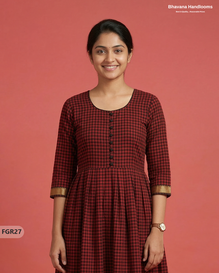 Summer Special Premium Cotton Handloom Frock with Woven Design | Red & Black Colour
