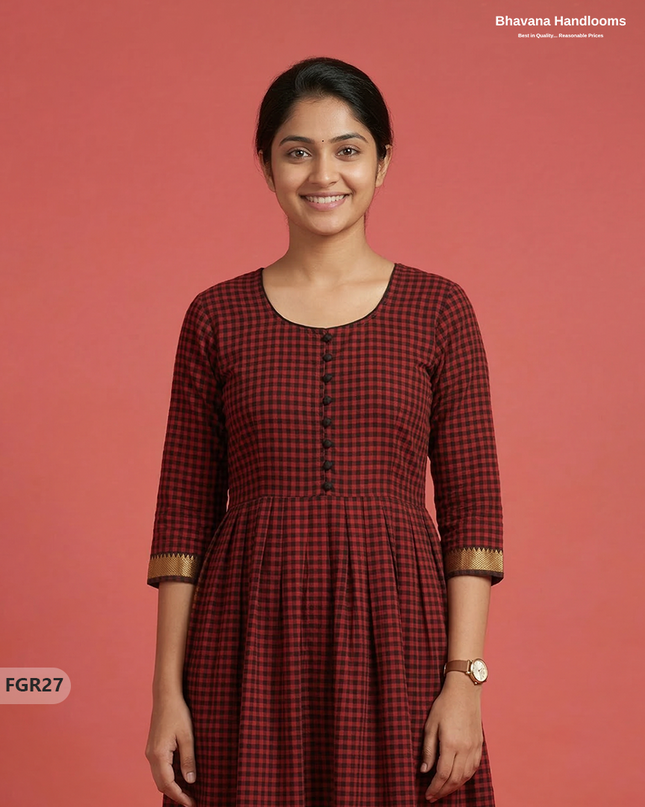 Summer Special Premium Cotton Handloom Frock with Woven Design | Red & Black Colour