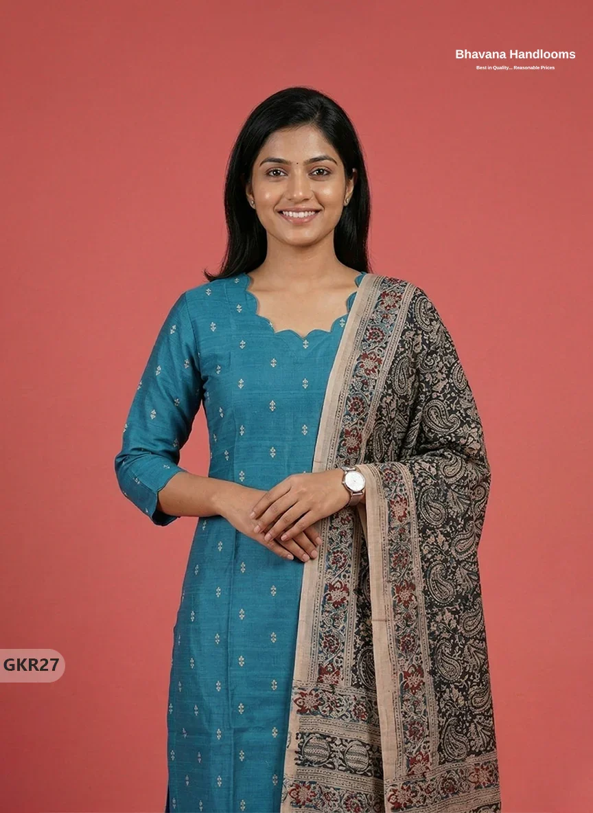 Raw Silk 3PC Kurti Set with Kalamkari Dupatta & Elastic Bottom in Sky Blue Colour | Ethnic Wear