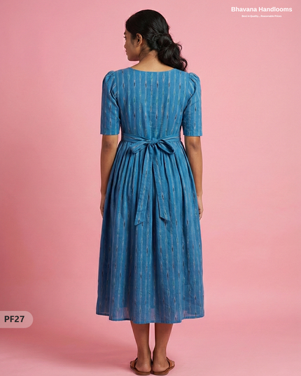 Handcrafted Pochampally Blue Cotton Frock with Knot Detailing – Ethnic Wear for Women