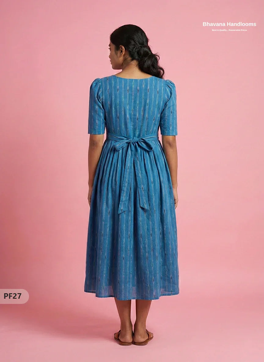 Handcrafted Pochampally Blue Cotton Frock with Knot Detailing – Ethnic Wear for Women