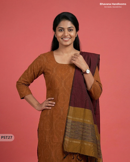 Pochampally Semi Pattu 3PC Kurti Set in Brown Colour | Ready-to-Wear Ethnic Wear
