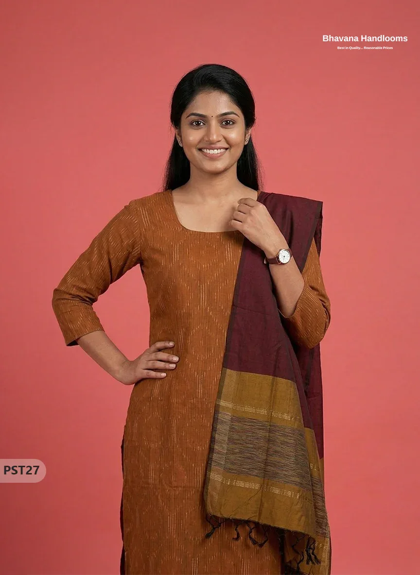 Pochampally Semi Pattu 3PC Kurti Set in Brown Colour | Ready-to-Wear Ethnic Wear