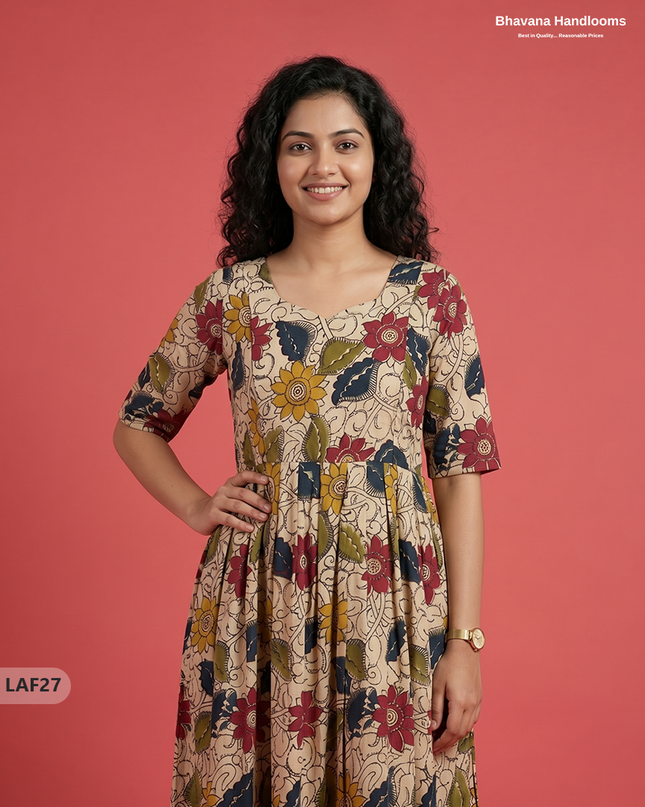 Feeding Frock with Kalamkari Design – Beige Color | Invisible Zips | Half Lining Maternity Wear