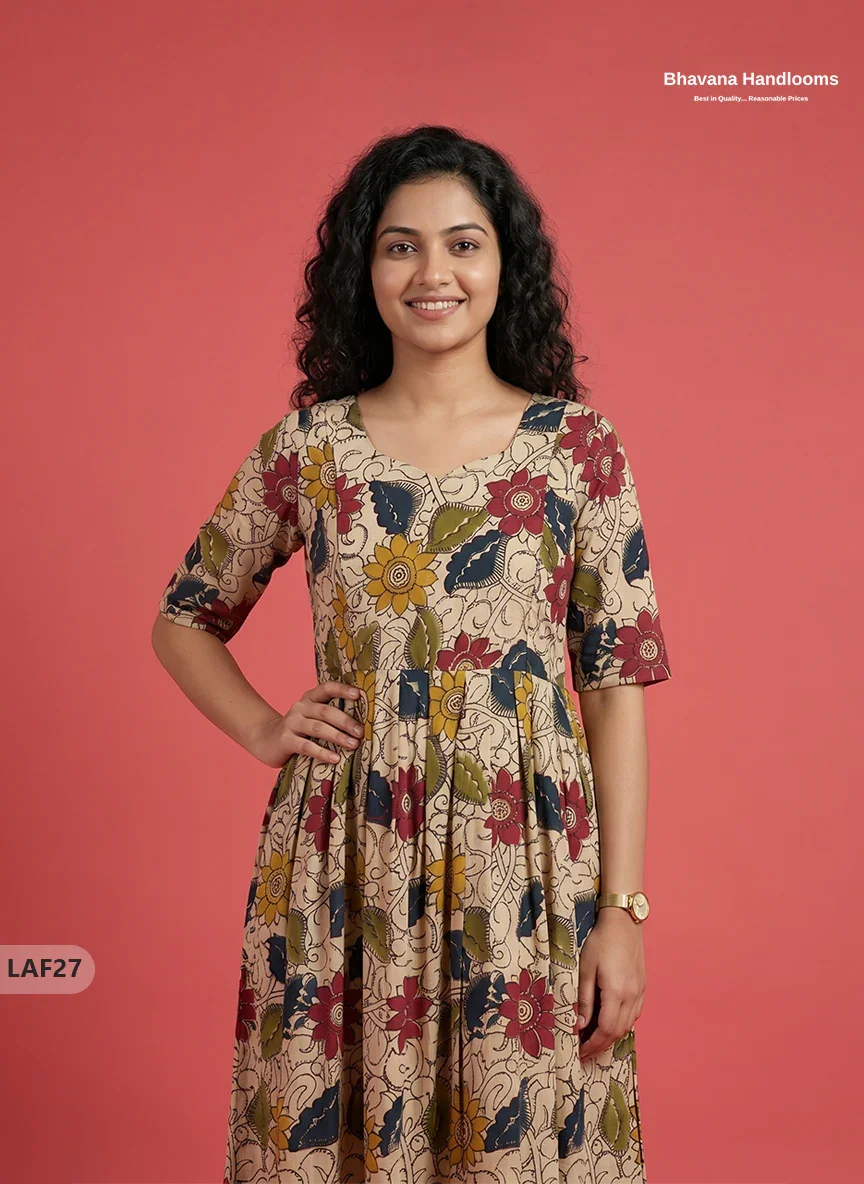 Feeding Frock with Kalamkari Design – Beige Color | Invisible Zips | Half Lining Maternity Wear