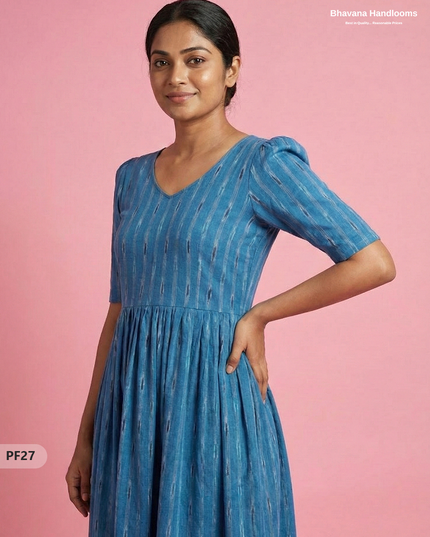 Handcrafted Pochampally Blue Cotton Frock with Knot Detailing – Ethnic Wear for Women