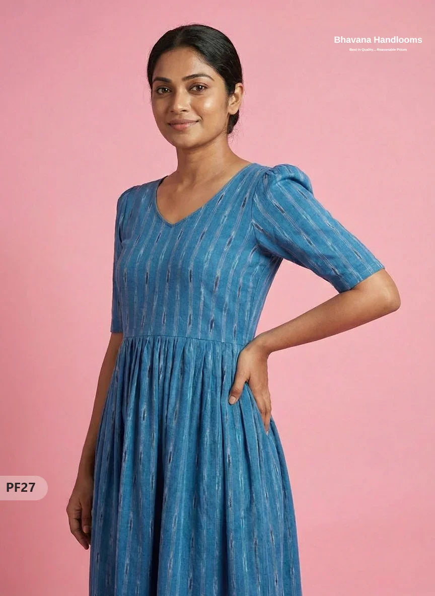 Handcrafted Pochampally Blue Cotton Frock with Knot Detailing – Ethnic Wear for Women