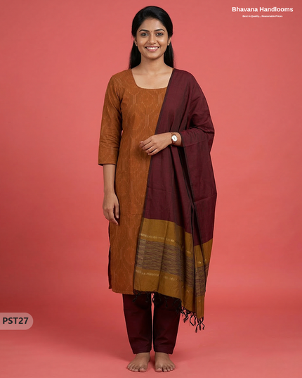 Pochampally Semi Pattu 3PC Kurti Set in Brown Colour | Ready-to-Wear Ethnic Wear