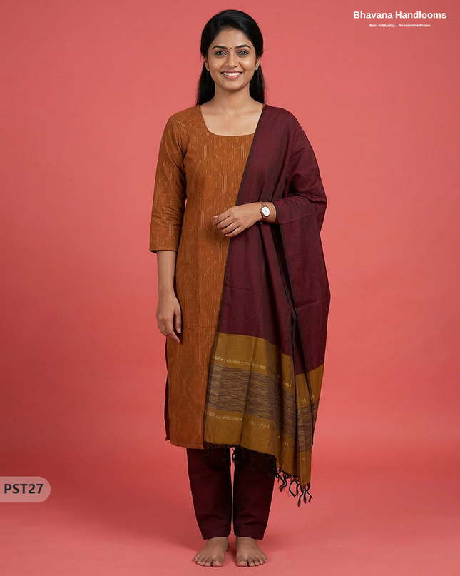 Pochampally Semi Pattu 3PC Kurti Set in Brown Colour | Ready-to-Wear Ethnic Wear