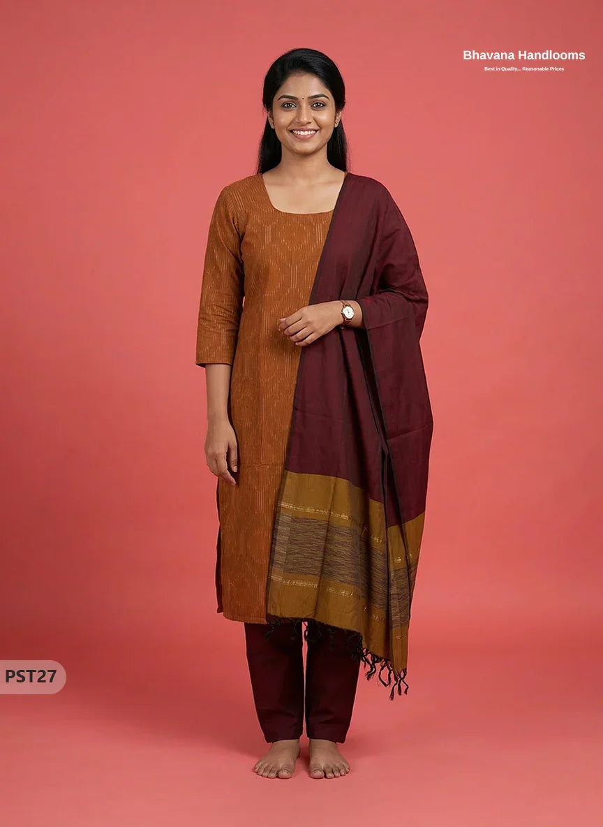 Pochampally Semi Pattu 3PC Kurti Set in Brown Colour | Ready-to-Wear Ethnic Wear