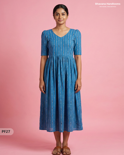 Handcrafted Pochampally Blue Cotton Frock with Knot Detailing – Ethnic Wear for Women