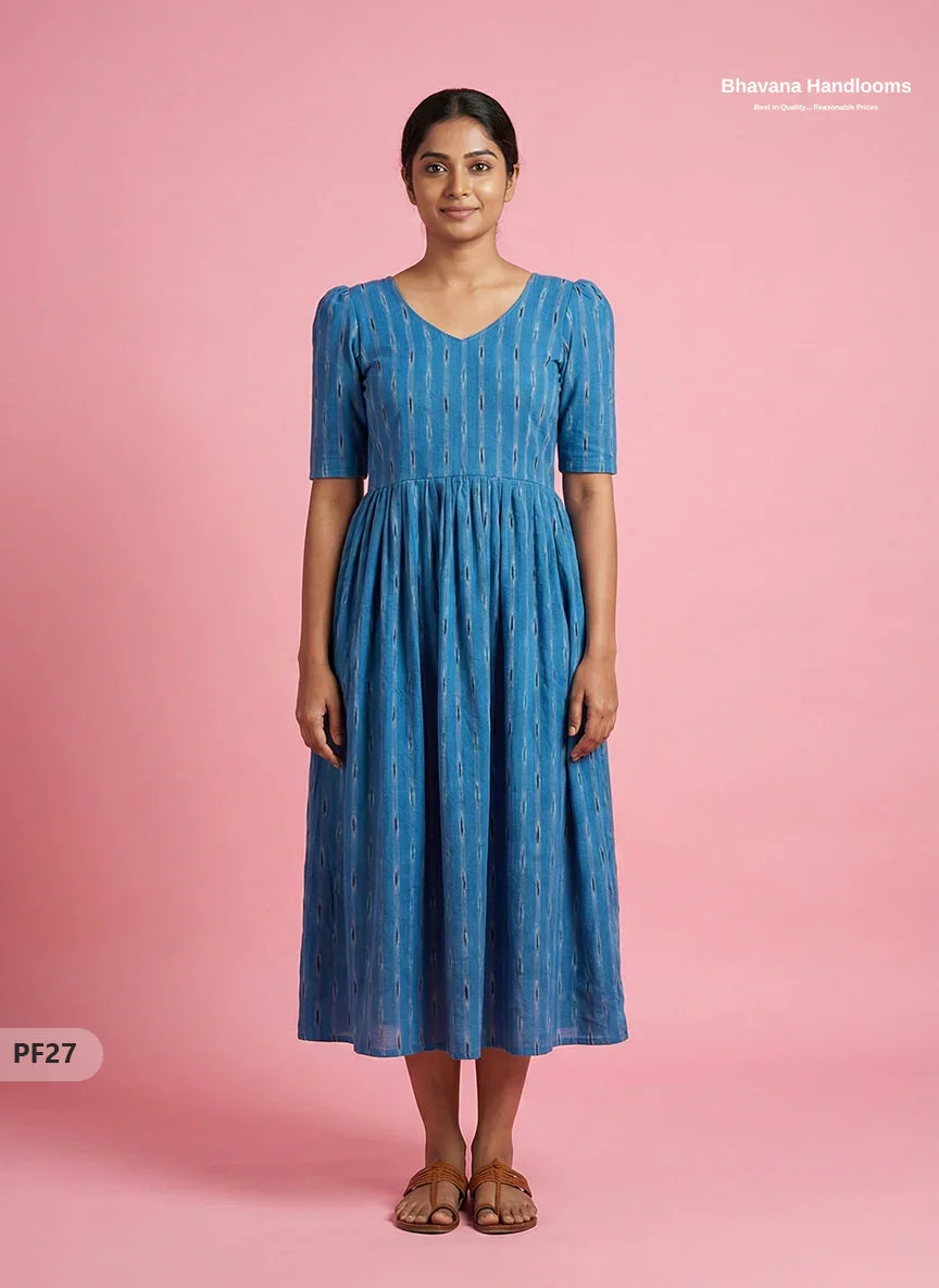 Handcrafted Pochampally Blue Cotton Frock with Knot Detailing – Ethnic Wear for Women