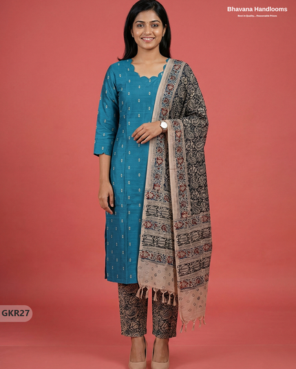 Raw Silk 3PC Kurti Set with Kalamkari Dupatta & Elastic Bottom in Sky Blue Colour | Ethnic Wear