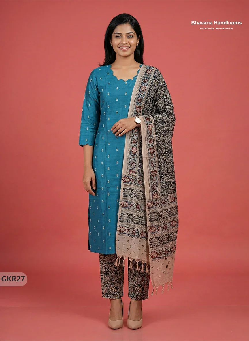 Raw Silk 3PC Kurti Set with Kalamkari Dupatta & Elastic Bottom in Sky Blue Colour | Ethnic Wear