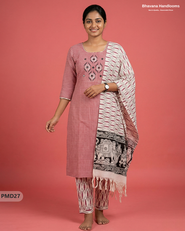 Premium Cotton 3PC Kurti Set with Embroidery & Mirror Work in Pink Colour | Ready-to-Wear Ethnic Wear