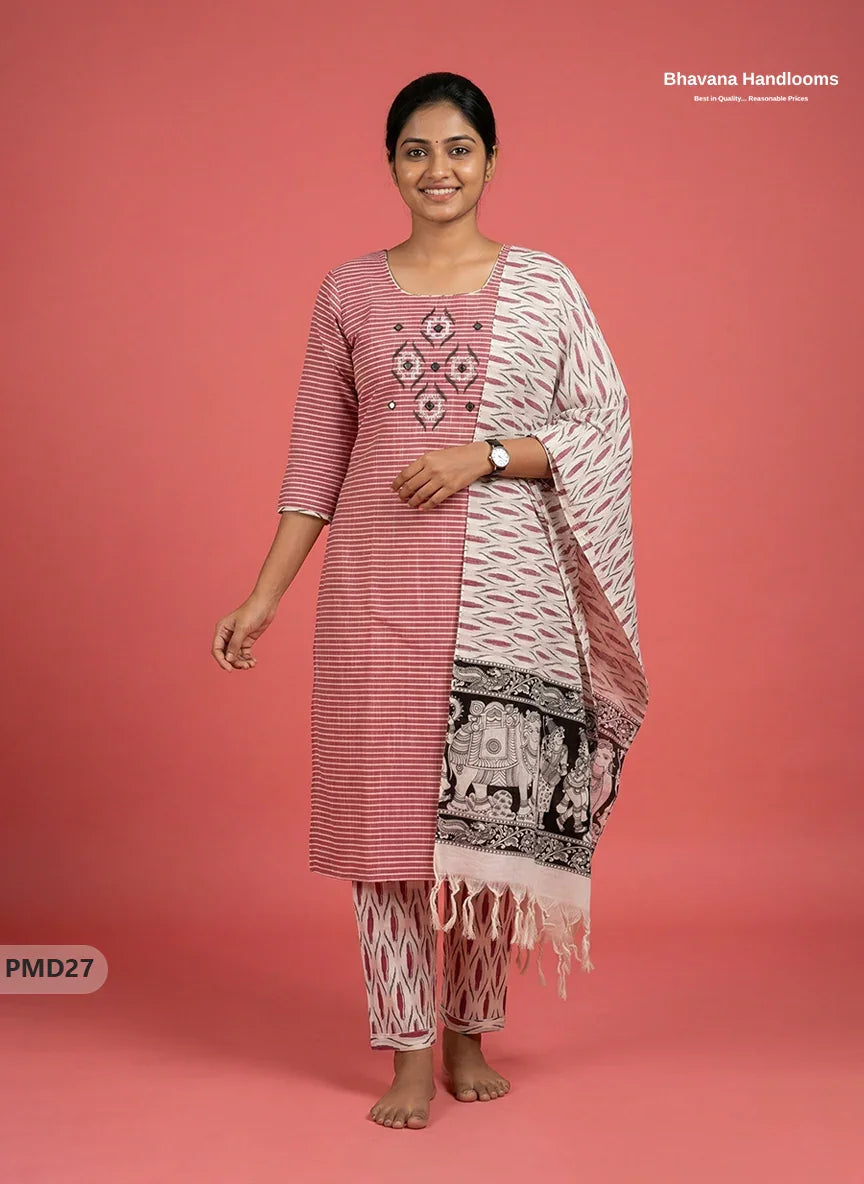 Premium Cotton 3PC Kurti Set with Embroidery & Mirror Work in Pink Colour | Ready-to-Wear Ethnic Wear