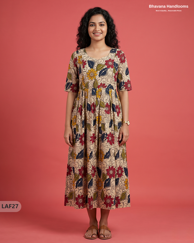 Feeding Frock with Kalamkari Design – Beige Color | Invisible Zips | Half Lining Maternity Wear