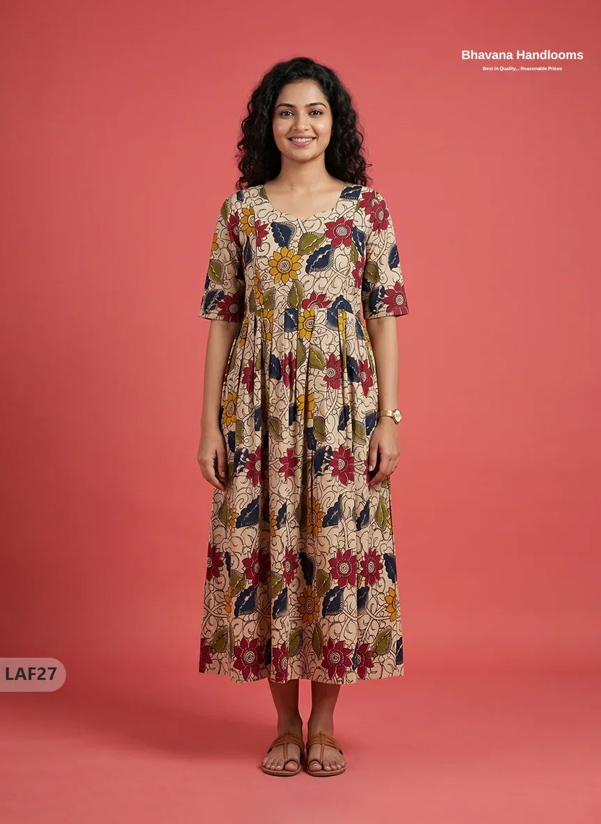 Feeding Frock with Kalamkari Design – Beige Color | Invisible Zips | Half Lining Maternity Wear