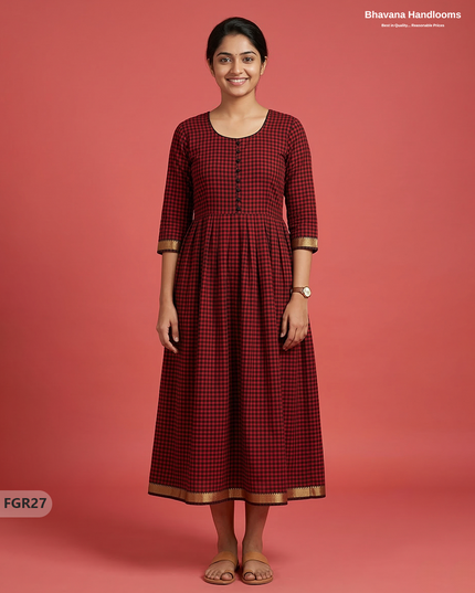 Summer Special Premium Cotton Handloom Frock with Woven Design | Red & Black Colour