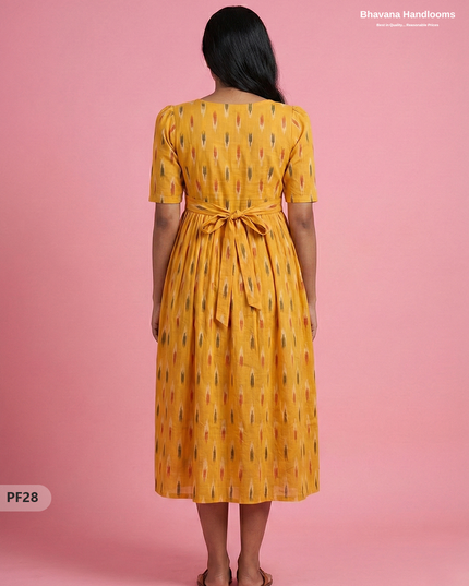 Handcrafted Pochampally Yellow Cotton Frock with Knot Detailing – Ethnic Wear for Women