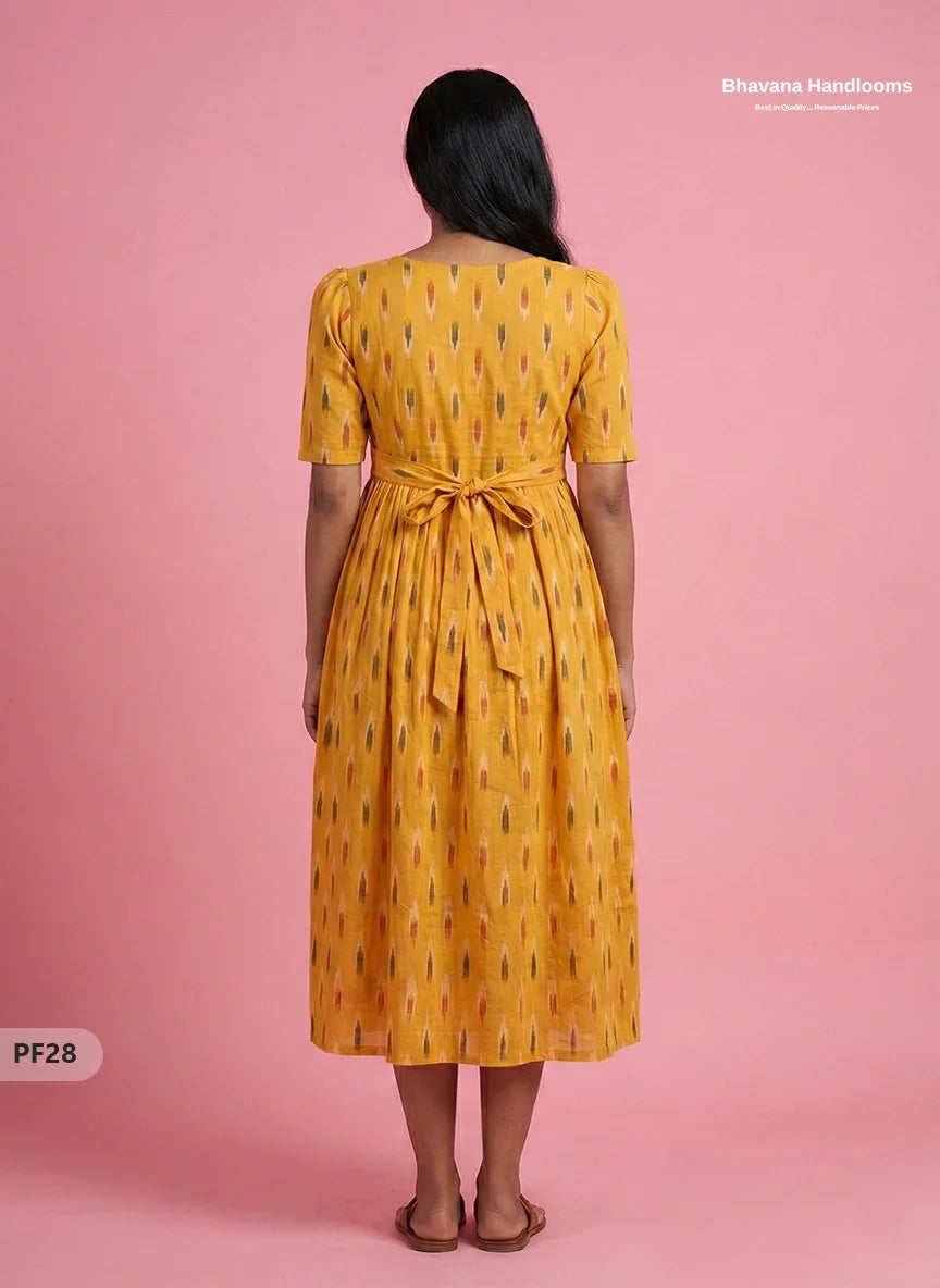 Handcrafted Pochampally Yellow Cotton Frock with Knot Detailing – Ethnic Wear for Women