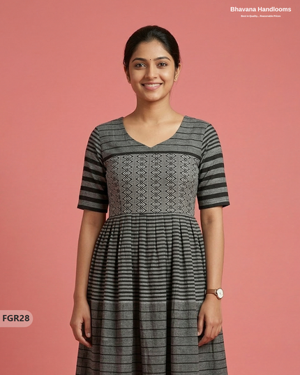 Summer Special Premium Cotton Handloom Frock with Woven Design | Gray & Black Colour