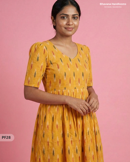 Handcrafted Pochampally Yellow Cotton Frock with Knot Detailing – Ethnic Wear for Women