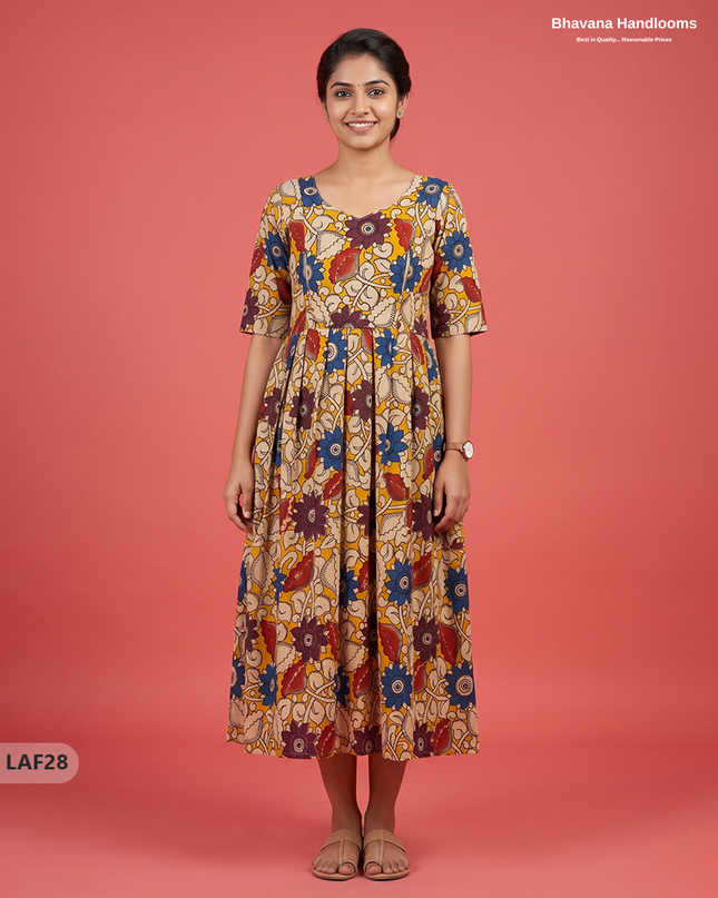 Feeding Frock with Kalamkari Design – Beige Color | Invisible Zips | Half Lining Maternity Wear
