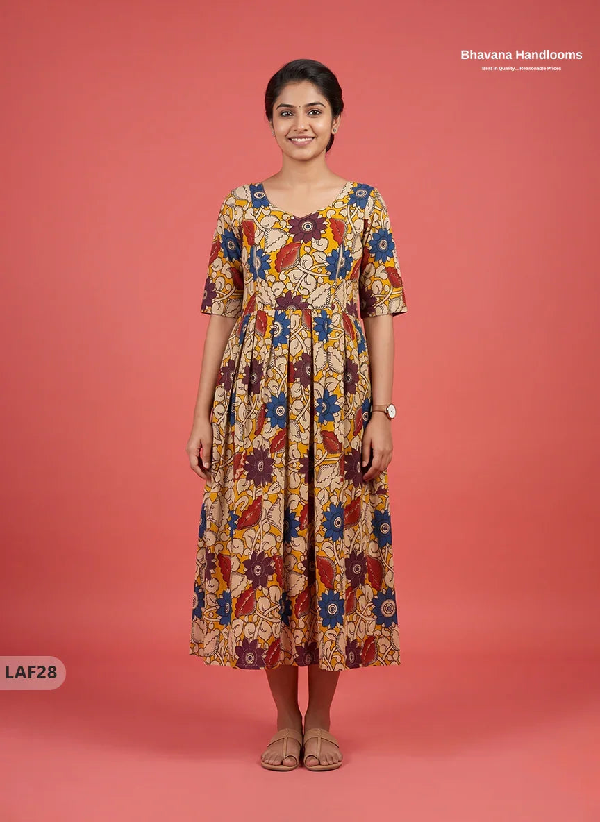 Feeding Frock with Kalamkari Design – Beige Color | Invisible Zips | Half Lining Maternity Wear