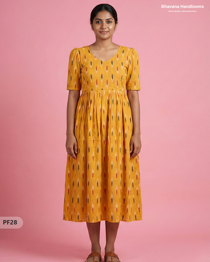 Handcrafted Pochampally Yellow Cotton Frock with Knot Detailing – Ethnic Wear for Women