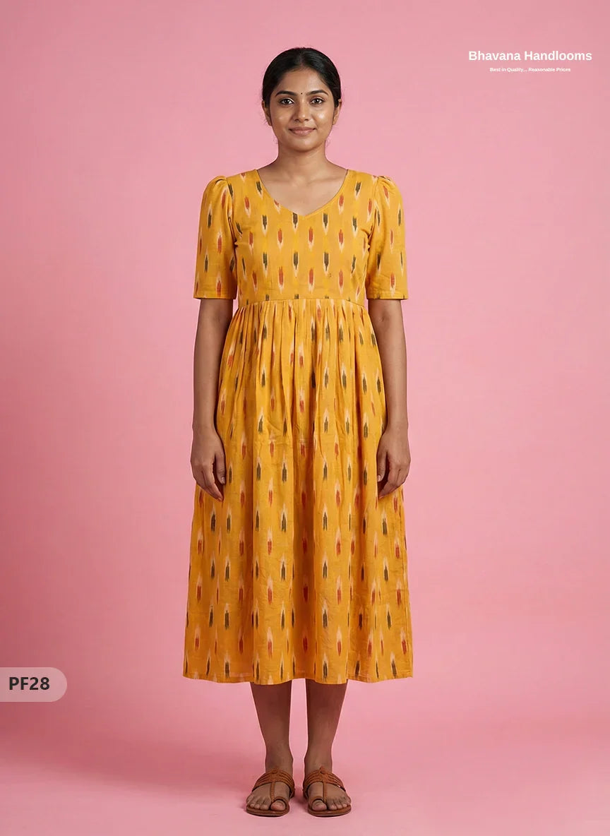 Handcrafted Pochampally Yellow Cotton Frock with Knot Detailing – Ethnic Wear for Women