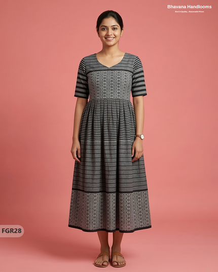 Summer Special Premium Cotton Handloom Frock with Woven Design | Gray & Black Colour