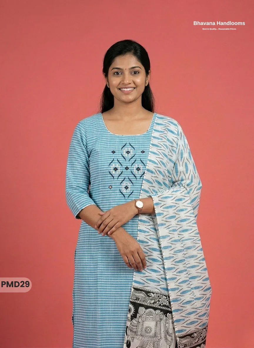 Premium Cotton 3PC Kurti Set with Embroidery & Mirror Work in Sky Blue Colour | Ready-to-Wear Ethnic Wear