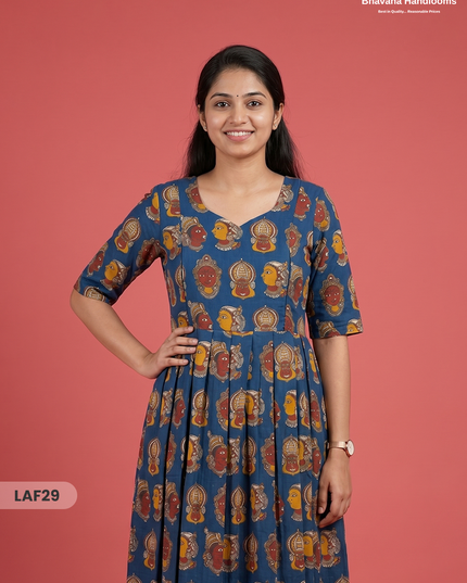 Feeding Frock with Kathakali Design – Blue Color | Invisible Zips | Half Lining Maternity Wear