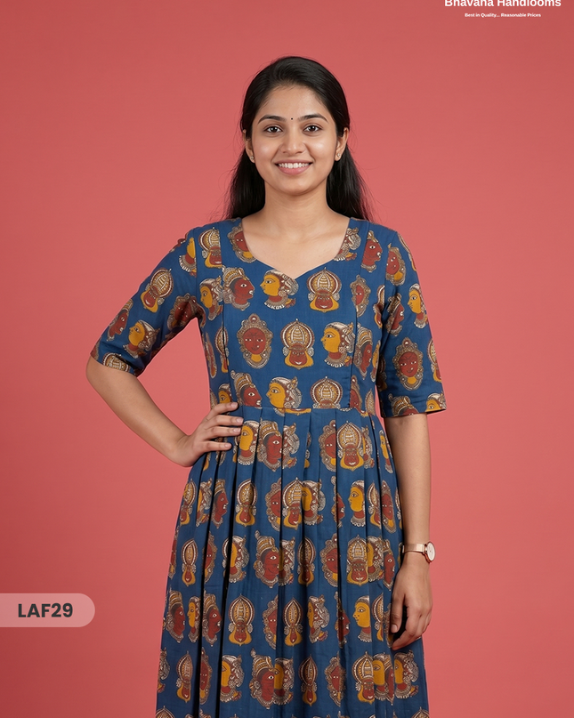 Feeding Frock with Kathakali Design – Blue Color | Invisible Zips | Half Lining Maternity Wear