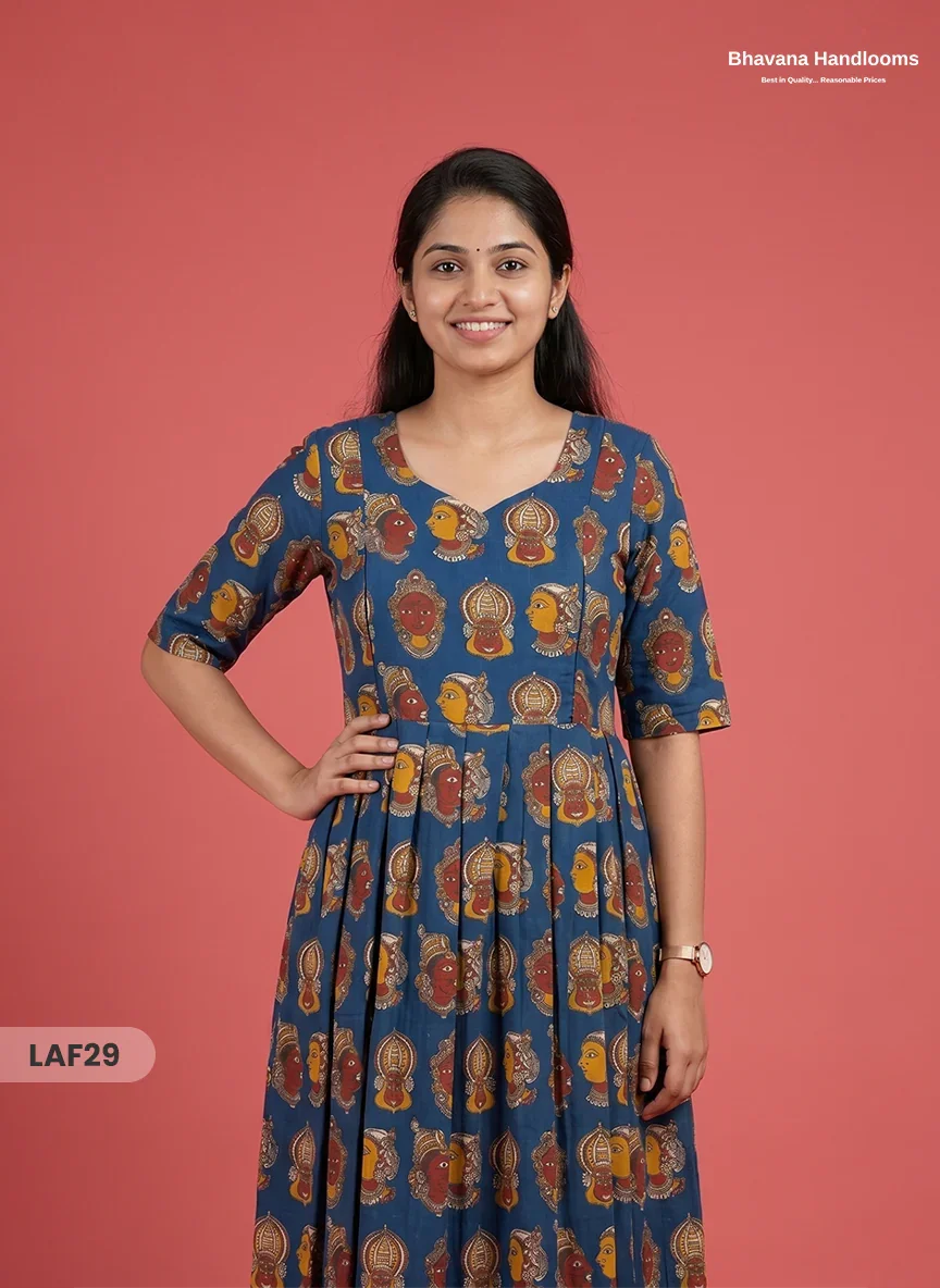 Feeding Frock with Kathakali Design – Blue Color | Invisible Zips | Half Lining Maternity Wear