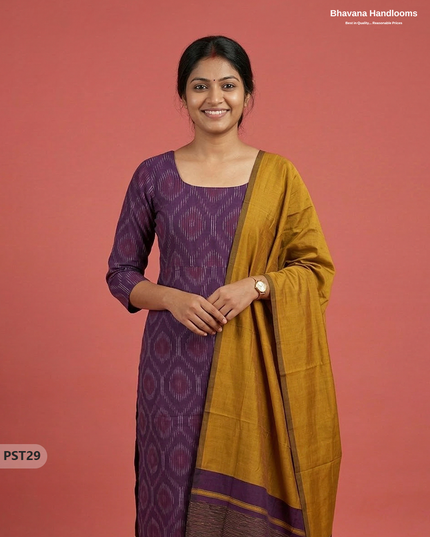 Pochampally Semi Pattu 3PC Kurti Set in Purple Colour | Ready-to-Wear Ethnic Wear