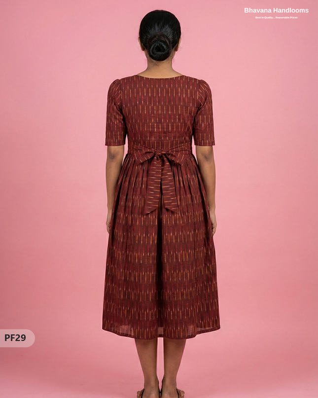 Handcrafted Pochampally Maroon Cotton Frock with Knot Detailing – Ethnic Wear for Women