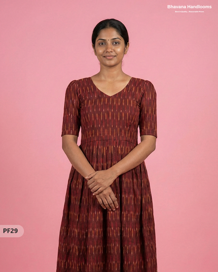 Handcrafted Pochampally Maroon Cotton Frock with Knot Detailing – Ethnic Wear for Women
