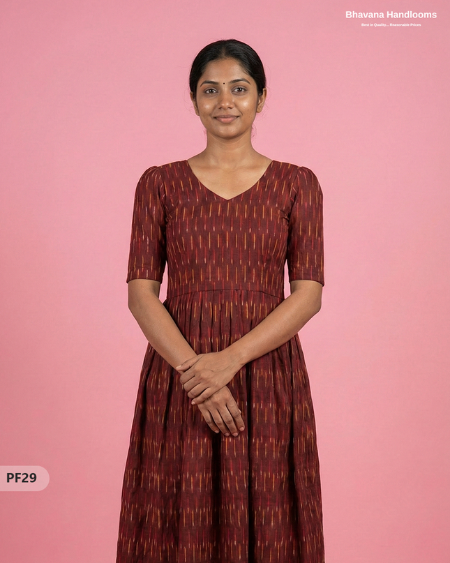 Handcrafted Pochampally Maroon Cotton Frock with Knot Detailing – Ethnic Wear for Women