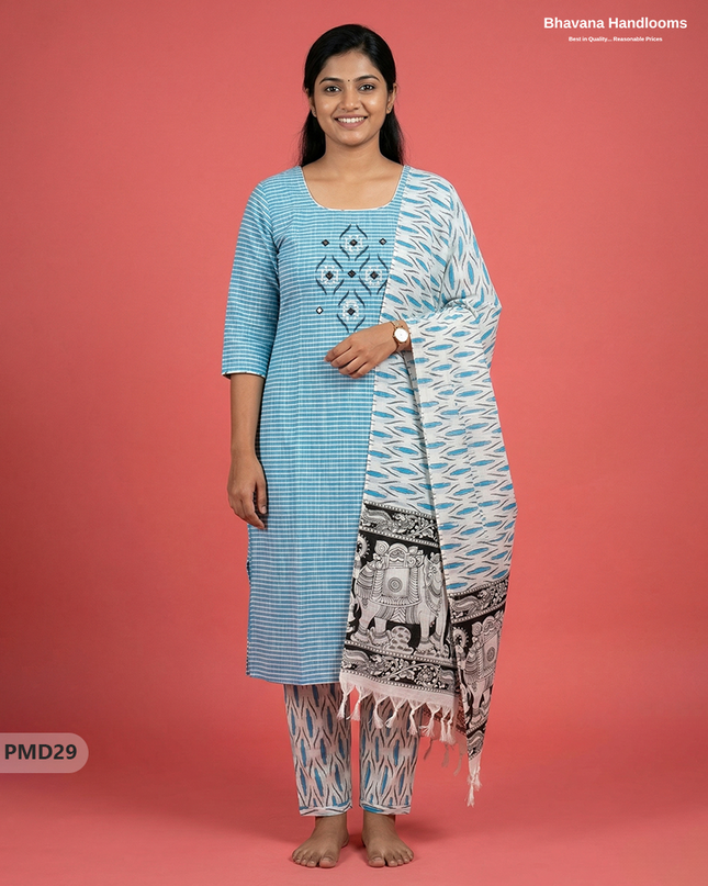 Premium Cotton 3PC Kurti Set with Embroidery & Mirror Work in Sky Blue Colour | Ready-to-Wear Ethnic Wear
