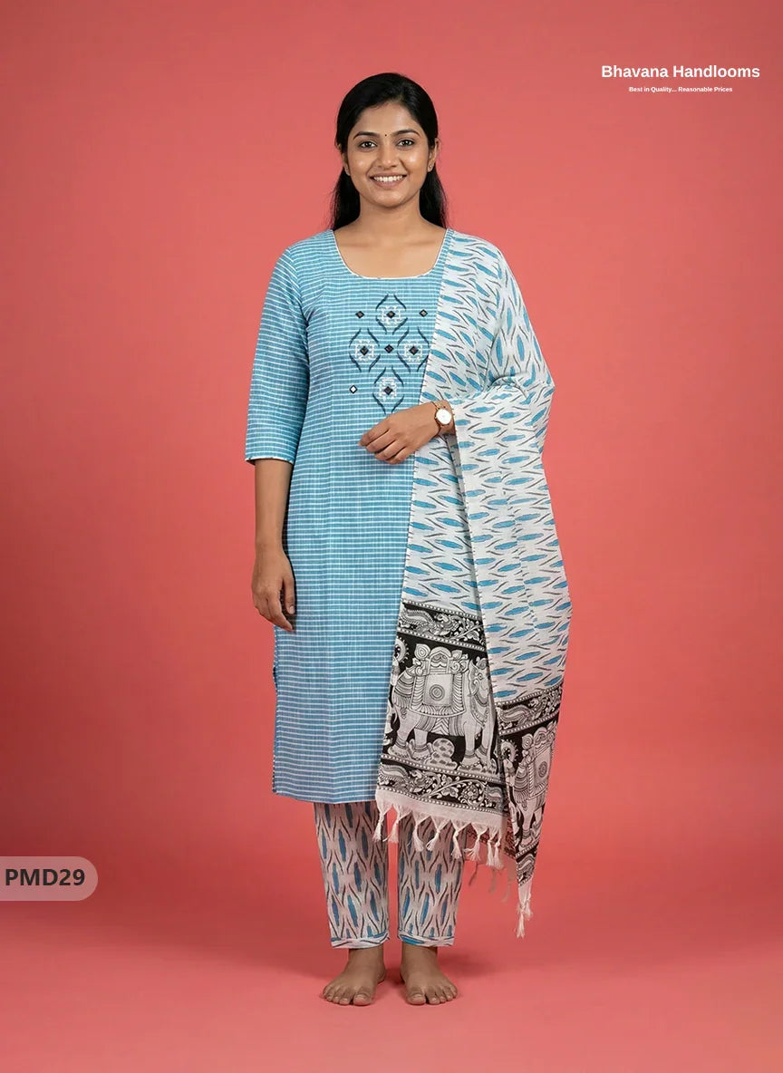Premium Cotton 3PC Kurti Set with Embroidery & Mirror Work in Sky Blue Colour | Ready-to-Wear Ethnic Wear